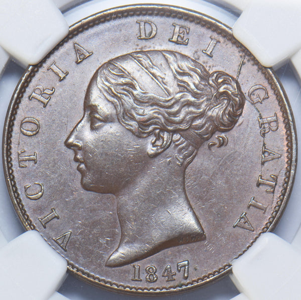 1847 Halfpenny (NGC MS 62 BN) - Victoria British Copper Coin - Very Nice