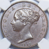 1847 Halfpenny (NGC MS 62 BN) - Victoria British Copper Coin - Very Nice