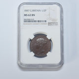 1847 Halfpenny (NGC MS 62 BN) - Victoria British Copper Coin - Very Nice
