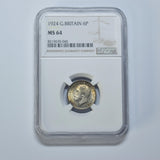 1924 Sixpence (NGC MS 64) - George V British Silver Coin - Superb