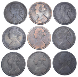 1860 - 1868 Pennies Lot (9 Coins) - Victoria British Bronze Coins