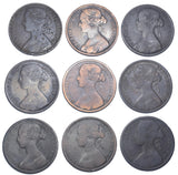 1860 - 1868 Pennies Lot (9 Coins) - Victoria British Bronze Coins