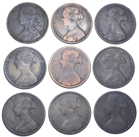 1860 - 1868 Pennies Lot (9 Coins) - Victoria British Bronze Coins