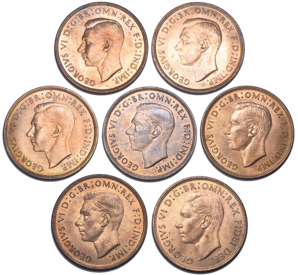 1937 - 1949 High Grade Pennies Lot (7 Coins) - George VI British Bronze Coins