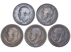 1912 - 1919 H & KN Pennies Lot (5 Coins) - George V British Bronze Coins