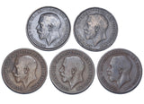 1912 - 1919 H & KN Pennies Lot (5 Coins) - George V British Bronze Coins