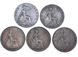 1912 - 1919 H & KN Pennies Lot (5 Coins) - George V British Bronze Coins