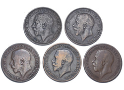 1912 - 1919 H & KN Pennies Lot (5 Coins) - George V British Bronze Coins