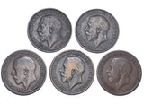 1912 - 1919 H & KN Pennies Lot (5 Coins) - George V British Bronze Coins