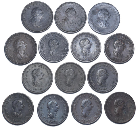 1799 - 1807 Halfpennies Lot (14 Coins) - George III British Copper Coins