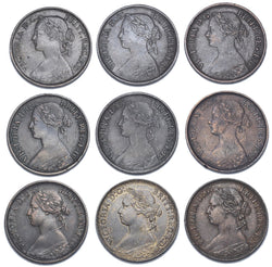 1860 - 1876 Better Grade Farthings Lot (9 Coins) - Victoria British Bronze Coins