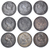 1860 - 1876 Better Grade Farthings Lot (9 Coins) - Victoria British Bronze Coins