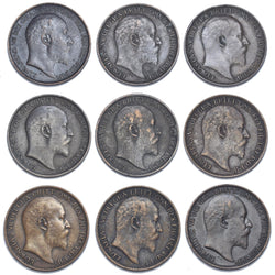 1902 - 1910 Farthings Lot (9 Coins) - Edward VII Bronze Coins