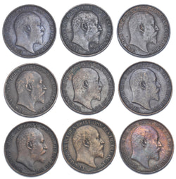 1902 - 1910 Farthings Lot (9 Coins) - Edward VII Bronze Coins