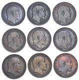 1902 - 1910 Farthings Lot (9 Coins) - Edward VII Bronze Coins