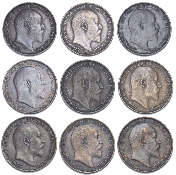 1902 - 1910 Farthings Lot (9 Coins) - Edward VII Bronze Coins