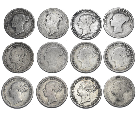 1842 - 1887 Sixpences Lot (12 Coins) - Victoria British Silver Coins