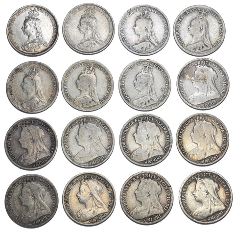 1887 - 1901 Threepences Lot (16 Coins) - Victoria British Silver Coins