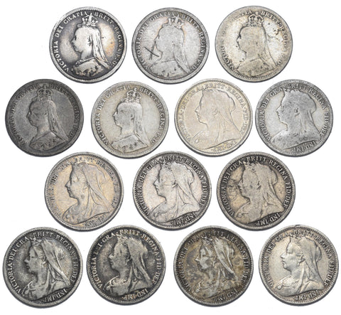 1887 - 1901 Threepences Lot (14 Coins) - Victoria British Silver Coins