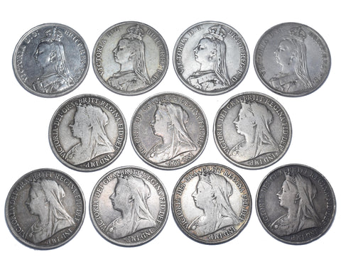 1887 - 1900 Crowns Lot (11 Coins) - Victoria British Silver Coins -All Different