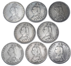 1887 - 1890 Double Florins Lot (8 Coins) - Victoria British Silver Coins