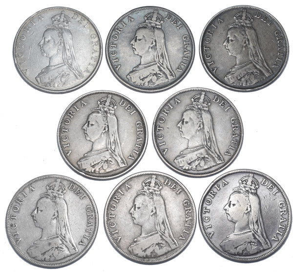 1887 - 1890 Double Florins Lot (8 Coins) - Victoria British Silver Coins