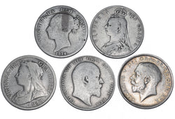 1874 - 1916 Halfcrowns Lot (5 Coins) - British Silver Coins -All Different Types