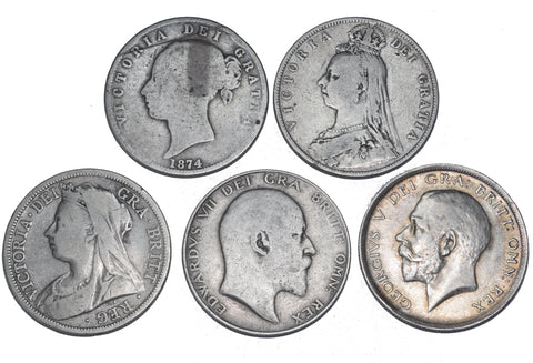 1874 - 1916 Halfcrowns Lot (5 Coins) - British Silver Coins -All Different Types