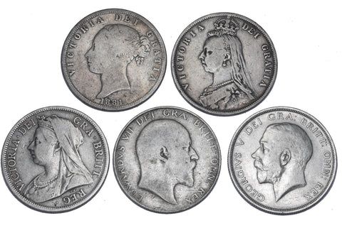 1881 - 1914 Halfcrowns Lot (5 Coins) - British Silver Coins -All Different Types