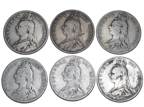 1887 - 1892 Halfcrowns Lot (6 Coins) - Victoria British Silver Coins - Date Run