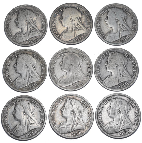 1893 - 1901 Halfcrowns Lot (9 Coins) - Victoria British Silver Coins - Date Run