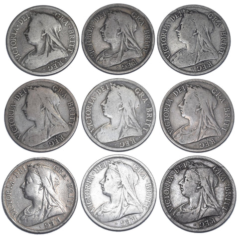 1893 - 1901 Halfcrowns Lot (9 Coins) - Victoria British Silver Coins - Date Run