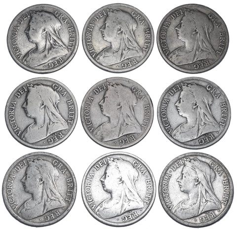 1893 - 1901 Halfcrowns Lot (9 Coins) - Victoria British Silver Coins - Date Run