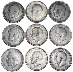 1911 - 1919 Halfcrowns Lot (9 Coins) - George V British Silver Coins - Date Run