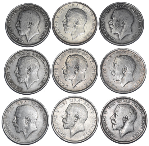 1911 - 1919 Halfcrowns Lot (9 Coins) - George V British Silver Coins - Date Run