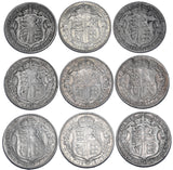 1911 - 1919 Halfcrowns Lot (9 Coins) - George V British Silver Coins - Date Run