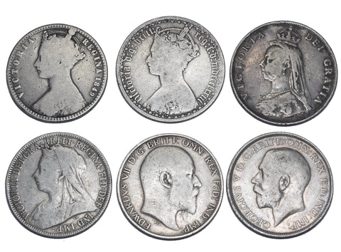 1849 - 1916 Florins Lot (6 Coins) - British Silver Coins - All Different Types
