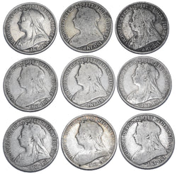 1893 - 1901 Florins Lot (9 Coins) - Victoria British Silver Coins - Date Run