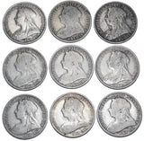 1893 - 1901 Florins Lot (9 Coins) - Victoria British Silver Coins - Date Run