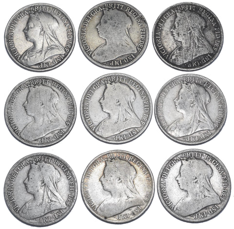 1893 - 1901 Florins Lot (9 Coins) - Victoria British Silver Coins - Date Run