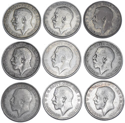 1911 - 1919 Florins Lot (9 Coins) - George V British Silver Coins - Date Run