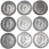 1911 - 1919 Florins Lot (9 Coins) - George V British Silver Coins - Date Run