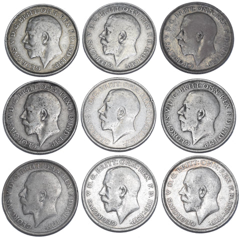 1911 - 1919 Florins Lot (9 Coins) - George V British Silver Coins - Date Run