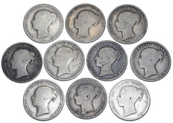 1839 - 1869 Shillings Lot (10 Coins) - Victoria British Silver Coins