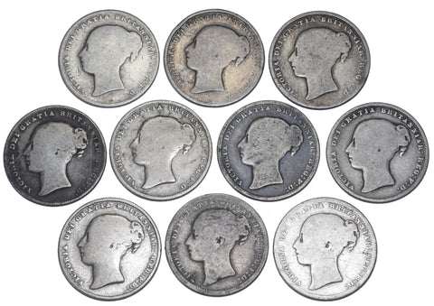 1839 - 1869 Shillings Lot (10 Coins) - Victoria British Silver Coins