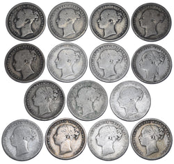 1871 - 1886 Shillings Lot (15 Coins) - Victoria British Silver Coins