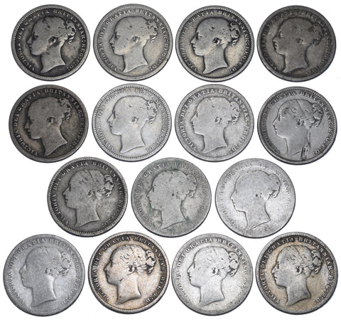 1871 - 1886 Shillings Lot (15 Coins) - Victoria British Silver Coins