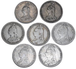 1887 - 1892 Shillings Lot (7 Coins) - Victoria British Silver Coins - Date Run