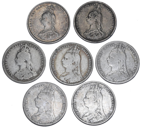 1887 - 1892 Shillings Lot (7 Coins) - Victoria British Silver Coins - Date Run