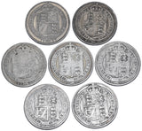1887 - 1892 Shillings Lot (7 Coins) - Victoria British Silver Coins - Date Run